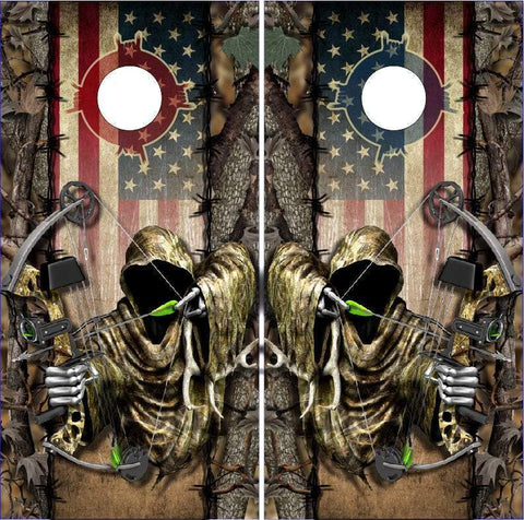 Wicked Wire Bow Reaper Hunt Camo Flag Cornhole Boards